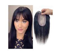 Hair Toppers for Women with Thinning, 10" Straight Human Hair Toppers with Bangs 8X12cm Simulated Scalp Silk Base Remy Hair Piece with Clips Adds Volume(Black)