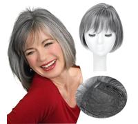 Hair Toppers Hair Short Bob Wig Topper 6.5x6.5 Inch Large Base Synthetic Hairpiece with Clip-in/Side Bangs Invisible Breathable Net 360°3D Coverage for Extra Volume (Dimgrey)