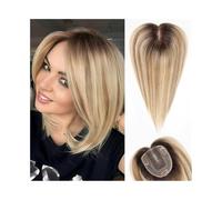 Hair Toppers Straight Hair Topper for Women, Brown Root Ombre Blonde Real Human Hair Piece 10X12 cm Silk Base Remy Hair Topper for Thinning Hair or Hair Loss Wig Toppers for Thinning Hair