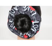 Hair Valentine Scrunchie, Black with White Text and Red Hearts, Handmade Fabric Hair Tie
