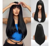 HAIR WALA™ Black Wig With Bangs For Women Long Straight Layered Wigs Synthetic Layered Hairstyle For Girls Party Cosplay And Daily Use(30" Black)+ 02 Wig Cap Free