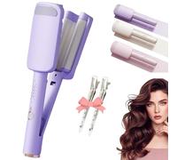 Hair Waver Crimper, Curling Iron Hair Crimper Waver, Beach Waves Curling Wand, Ionic Deep Waver Hair Curler Tool with Ceramic 3 Barrel for Women, Dual Voltage, Anti-Scald (Purple)