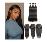Hair Weave Bundles 10A Grade Straight Bundles with Closure Remy 10-34 Inch Human Hair 3 Bundles with Closure Brazilian Hair Bundles with Closure, Natural Black Hair Braiding(Middle Part 10A,24 26 28 w
