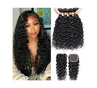 Hair Weave Bundles 12A Indian Water Wave Bundles with Closure Wavy Curly Human Hair Bundles Remy Hair Weave 3 Bundles with Frontal 13X4 Hair Braiding(4" x 4",20 22 24 Closure 18)