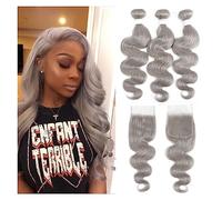 Hair Weave Bundles Body Wave Bundle With Closure Silver Grey Color 3 Bundles With Closure Gray Brazilian Remy 100% Human Hair Bundles Hair Braiding(12 14 16+10Closure)