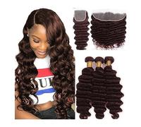 Hair Weave Bundles Brown Body Wave Human Hair Weave Bundles with Closure #4 Brown Loose Deep Wave Bundles Remy Hair Weave Bundles with Closure Hair Braiding(5" x 5",18+20+22+Closure 16)