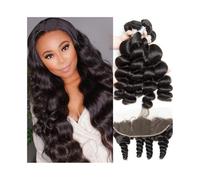 Hair Weave Bundles Loose Wave 3 Bundles with 13 x 4 Frontal Closure Peruvian Remy Human Hair Weave Extensions Pre Plucked Hairline Hair Braiding(14+16+18+Closure 12)