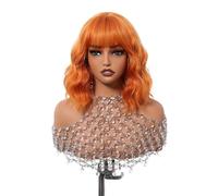 Hair Wigs Orange Synthetic Wig with Bangs Short Water Wave Natural Bob Wigs Use Heat Resistant Fiber