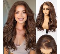 HAIRCUBE 13x6 Glueless HD Lace Front Wig - 24 Inch Long Chocolate Brown Curly Synthetic Hair with Layers, Natural Density Hairline for Women Daily Use