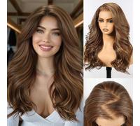 HAIRCUBE 13x6 Glueless HD Lace Front Wig - 24 Inch Long Mixed Brown Curly Synthetic Hair with Layers, Natural Density Hairline for Women Daily Use