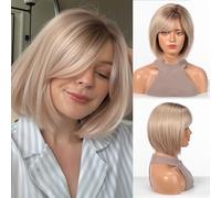 HAIRCUBE Bob Wigs for Women, Short Synthetic Wig with Fringe, Heat Resistant Natural Wig, Light Blonde