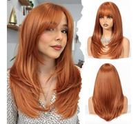 HAIRCUBE Layered Auburn Medium Long Straight Synthetic Wigs for Women with Fringe Heat Resistant Natural Look for Daily Use