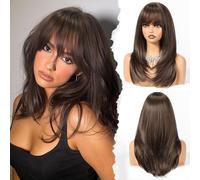 HAIRCUBE Layered Brown Medium Long Straight Synthetic Wigs for Women with Fringe Heat Resistant Natural Look for Daily Use