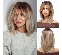 HAIRCUBE Long Blonde Wigs for Women Synthetic Hair Wig with Fringe Ombre Color with Dark Roots