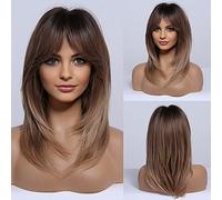 HAIRCUBE Long Brown Wigs for Women, Layered Synthetic Hair Wig with Fringe, Ombre Brown to Blonde with Dark Roots
