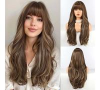 HAIRCUBE Long Brown with Blonde Highlight Wig with Bangs 22 inch Layered Curly Wigs for Women Natural Synthetic Wigs for Daily Use (wig cap:22-24 inch)