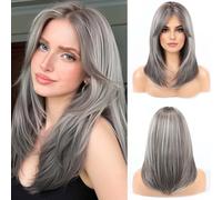 HAIRCUBE Long Layered Synthetic Wig with Curtain Fringe Ash Grey
