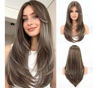 HAIRCUBE Long Layered Synthetic Wig with Curtain Fringe Mixed Brown