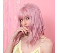 HAIRCUBE Lovely Pink Bob Wigs 14 Inch Pink Wigs for Women Girls Short Curly Synthetic Wig with Bangs