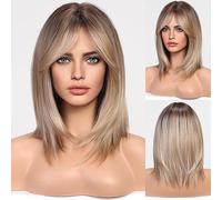 HAIRCUBE Ombre Ash Blonde Wigs for Woemn Light Blonde Straight Wig with Curtain Bangs Shoulder Length Natural Synthetic