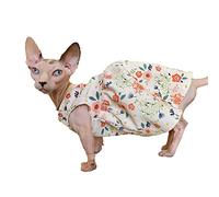 Hairless Cat Clothes - Breathable Spring Autumn Cotton Corduroy Dress with Floral Print Skirt Elegant Romantic Girly Vest Soft Strap Tank Top for Sphynx, Cornish Rex, Devon Rex, Peterbald (M)