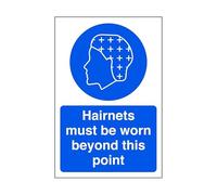 Hairnets must be worn beyond this point - PPE safety sign, workplace signs - High tack self-adhesive sticker (300mm x 200mm) Viewing Distance within 7m.