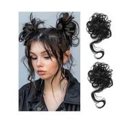 Hairpiece 2Pcs Messy Bun Hair Piece Tousled Updo with Tendrils Synthetic Wavy Curly Elastic Band Hair Extensions Daily Use(2)
