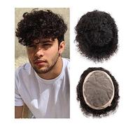 Hairpiece Afro Curly Toupee Male Human Hair System Units Fine Mono and NPU Thin Skin Men Toupee Indian Remy Hair 6" Water Curly Men Hairpiece Man Toupee(Water Wave Hair 1B 110%,8x10)