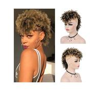Hairpiece Afro High Puff Bun Mohawk Ponytail with Bangs Short Kinky Curly Ponytail Hairpieces for Black Women Daily Use(1BT27)