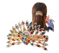 Hairpin for women on the back of the head, peacock rhinestone spring clip, horizontal clip, hair clip, high-end head accessories, ponytail clip, mother clip, fan-shaped clip(Colorful)