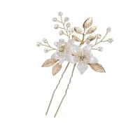 Hairpin Wedding Ceremony Bridal U Hair Pin With White Flower Leaf Design Sparkling Crystal Accent Secure Hold for Updo Hairstyle(A)