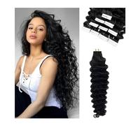 Hairstyles Deep Wave Tape in Hair Extensions Human Hair Jerry Curly Natural Black Invisible Double Sided Tape Ins Skin Weft Real Human Hair Extensions #1B Tool(20 pcs-50g,12 inches)