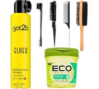 Hairstyling Bundle with Glued Hairspray, Eco Gel, Boar Bristle Brush & Slick Back Brush Set - Strong Hold Spray & Styling Gel for Women