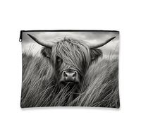 Hairy Cow Cosmetic Bag, Vintage Highland Bull Makeup Travel Bags for Women, Portable Small Canvas Zipper Pouch, Festival Gift Skincare Toiletry Bag Organizer, Black White, 7x9 Inch, Cow