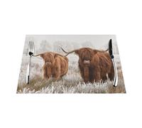 Hairy Cow On Scottish Highlanders Natural Winter Washable Pvc Place Mats, Non-Slip Rectangle Placemats For Kitchen Dining Table, Heat Insulation Table Mats 45x30cm (18x12inches)