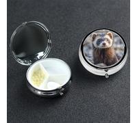 Hairy Ferret Pill Box with Mirror 3 Compartment Decorative Pill Case for Purse or Pocket Small Round Pill Organizer Weekly Metal Medicine Tablet Vitamin Holder Travel Gift