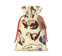 (Hairy Ferret) Print Christmas New Year Candy Gift Bag, Red Xmas Ribbon Drawstring Bags for Kids Xmas Holiday Eve Presents S Size