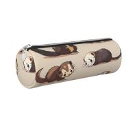 Hairy Ferret Printed Leather Pencil Case Cute Stationery Organizer Round Makeup Bag Pen Pouch, Silver Zipper