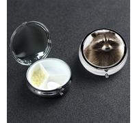 Hairy Raccoon Pill Box 3 Compartment Round Metal Pill Case for Purse & Pocket, Portable Medicine Organizer Travel Pillbox Daily Pill Container Holder to Hold Vitamins, Fish Oil