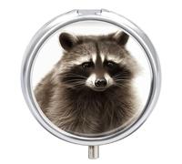 Hairy Raccoon Pill Box 3 Compartment Travel Pill Organizer 3 Times A Day Cute Mini Pill Case for Purse & Pocket Portable Metal Medicine Box with Mirror Round Daily Medicine Vitamin Container