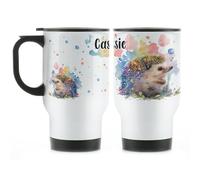 Hairyworm Personalised 400ml White Stainless Steel Mug with Handle, Customised with Initial/Name, Paint Splat Hedgehog Travel Mug