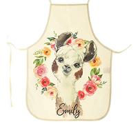 Hairyworm Personalised Apron, Brown and White Alpaca Multicolour Flower Wreath Design Print Customised with Name/Initials/Text, Child Size