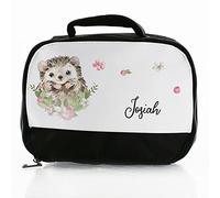 Hairyworm Personalised Bag, Black and White Insulated Lunch Bag Customised with Initial/Name/Text, Hedgehog Flowers Design, Dinner Bag for School for Hot and Cold Food, Size: (18cm x 25cm x 8cm)