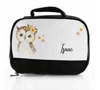 Hairyworm Personalised Bag, Black and White Insulated Lunch Bag Customised with Initial/Name/Text, Owl Yellow Flowers Design, Dinner Bag for Hot and Cold Food, Size: (18cm x 25cm x 8cm)