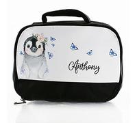 Hairyworm Personalised Bag, Black and White Insulated Lunch Bag Customised with Initial/Name/Text, Penguin Butterfly Design, Dinner Bag for School for Hot and Cold Food, Size: (18cm x 25cm x 8cm)