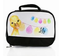 Hairyworm Personalised Bag, Black and White Insulated Lunch Bag Customised with Initial/Name/Text, Yellow Duck Buntin Design, Dinner Bag for School for Hot and Cold Food, Size: (18cm x 25cm x 8cm)