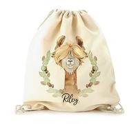 Hairyworm Personalised Bag Customised with Initial/Name/Text, Alpaca Acorn Wreath Design, Backpack with Drawstring Top, PE Bag, Gym Bag, Gift Bag, Shopping Bag, Size: (44cm x 36.4cm)