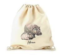Hairyworm Personalised Bag Customised with Initial/Name/Text, Baby Hippopotamus Led & Stood Design Print, Backpack with Drawstring Top, PE Bag, Gym Bag, Gift Bag, Hippp Bag, Size: (44cm x 36.4cm)