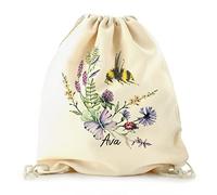 Hairyworm Personalised Bag Customised with Initial/Name/Text, Daisy Flower Floral Butterfly Design Print, Backpack with Drawstring Top, PE Bag, Gym Bag, Gift Bag, Bee Bag, Size: (44cm x 36.4cm)