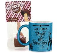 Hairyworm Personalised Blue Glitter Mug, All Things Bright and Brew-Tiful Design with Custom Name, Funny Personalised Coffee Mug, Blue Glitter Coffee Mug, Coffee Lovers Mug